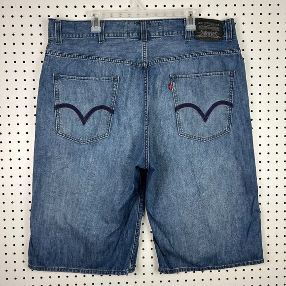 Levi's 579 Baggy Jean‎ Denim Shorts - 40 Blue Stitched Pocket Hip Hop Skater Y2K - Picture 1 of 8